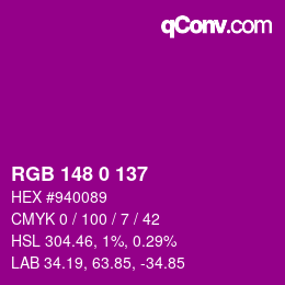 カラーコード: RGB 148 0 137 | qconv.com