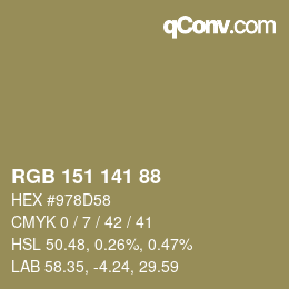 Color code: RGB 151 141 88 | qconv.com