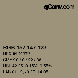 Color code: RGB 157 147 123 | qconv.com