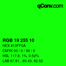 Farbcode: RGB 19 255 10 | qconv.com