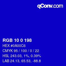 カラーコード: RGB 10 0 198 | qconv.com