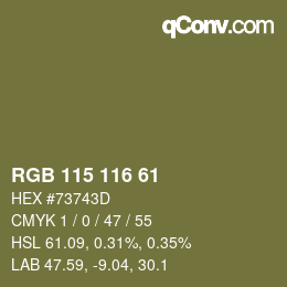 Color code: RGB 115 116 61 | qconv.com