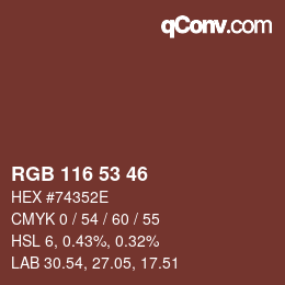 Color code: RGB 116 53 46 | qconv.com