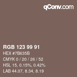 Color code: RGB 123 99 91 | qconv.com