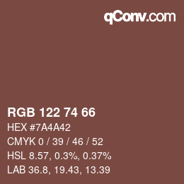 Color code: RGB 122 74 66 | qconv.com