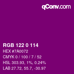 Farbcode: RGB 122 0 114 | qconv.com