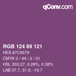 Color code: RGB 124 69 121 | qconv.com