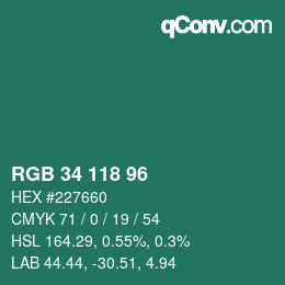 Código de color: RGB 34 118 96 | qconv.com