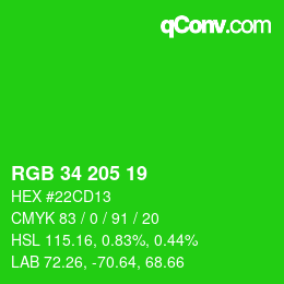 カラーコード: RGB 34 205 19 | qconv.com