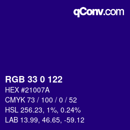 カラーコード: RGB 33 0 122 | qconv.com