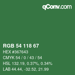 Color code: RGB 54 118 67 | qconv.com