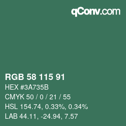 Color code: RGB 58 115 91 | qconv.com