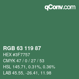 Color code: RGB 63 119 87 | qconv.com