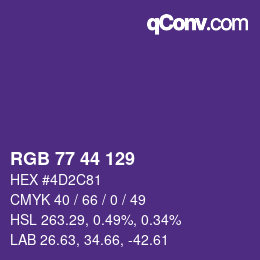 Color code: RGB 77 44 129 | qconv.com