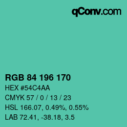 カラーコード: RGB 84 196 170 | qconv.com