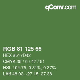 Color code: RGB 81 125 66 | qconv.com