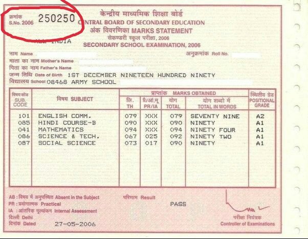 What Is The Serial Number Of Class Xii Or Class X Mark Sheet Issued By ...