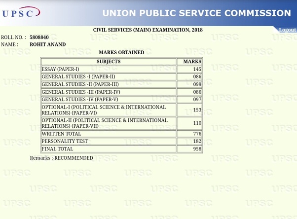 Upsc Marksheet Upsc Civil Services Examination 2018 T - vrogue.co