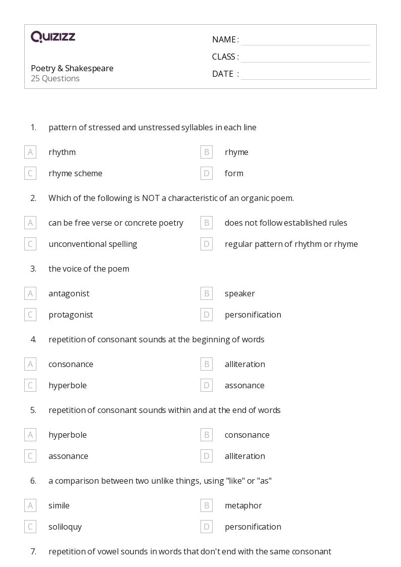 Poetry & Shakespeare - Printable Multiple-syllable-words Worksheets Grade 8 - Quizizz