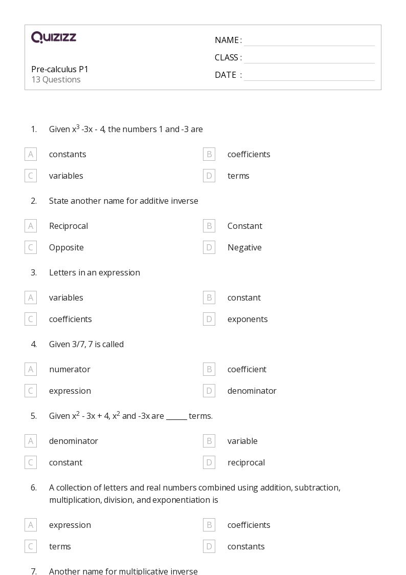 Pre-calculus P1 - Printable Math Worksheets Grade 10 - Quizizz