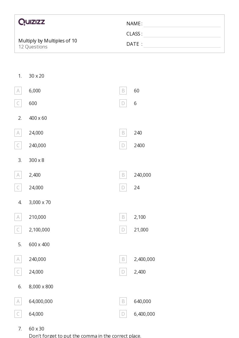 Multiply by Multiples of 10 - Printable Multiple-syllable-words Worksheets Grade 8 - Quizizz