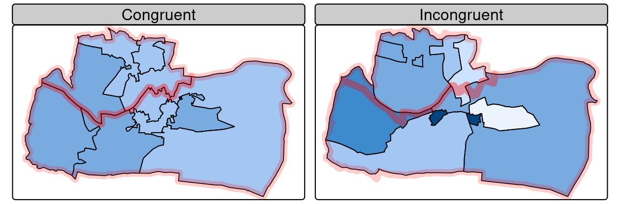 Congruent (left) and incongruent (right) areal units with respect to larger aggregating zones (translucent red borders).