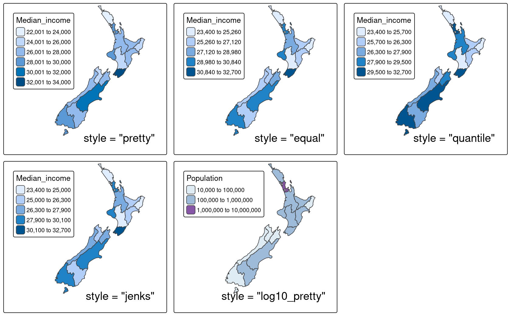 Different interval scale methods set using the style argument in tmap.