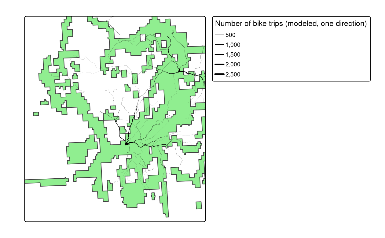 Potential routes along which to prioritize cycle infrastructure in Bristol to reduce car-dependency. The static map provides an overview of the overlay between existing infrastructure and routes with high car-bike switching potential (left). The screenshot the interactive map generated from the `qtm()` function highlights Whiteladies Road as somewhere that would benefit from a new cycleway (right).