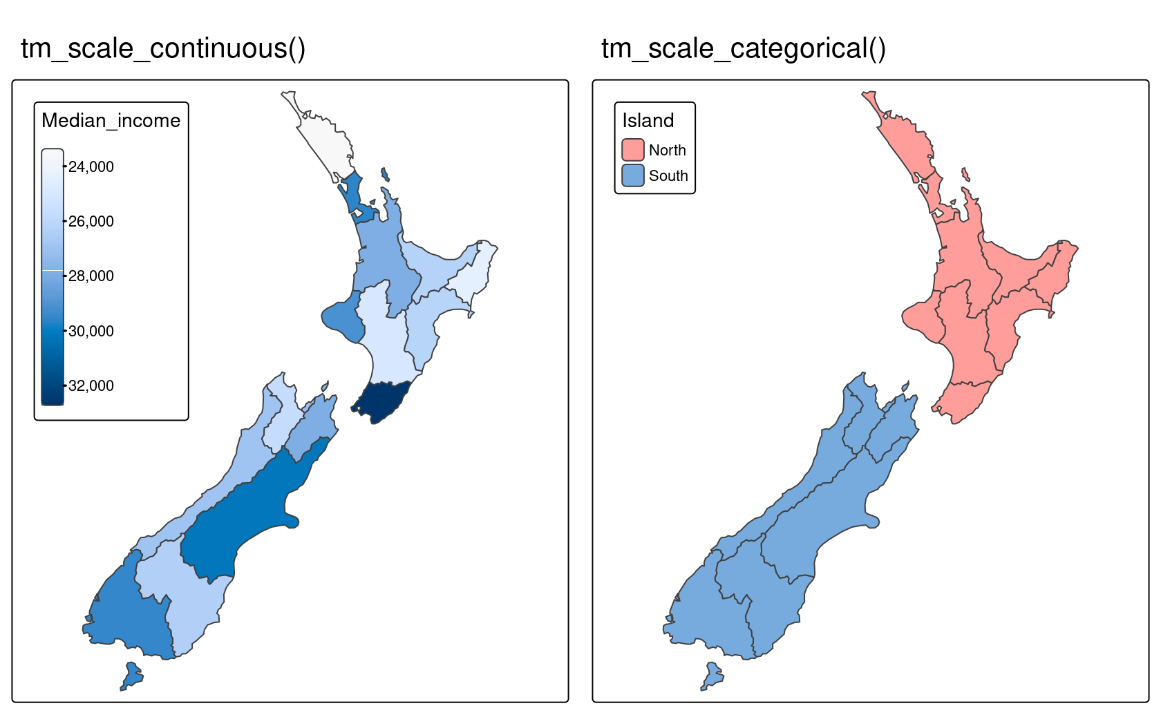 Continuous and categorical scales in tmap.