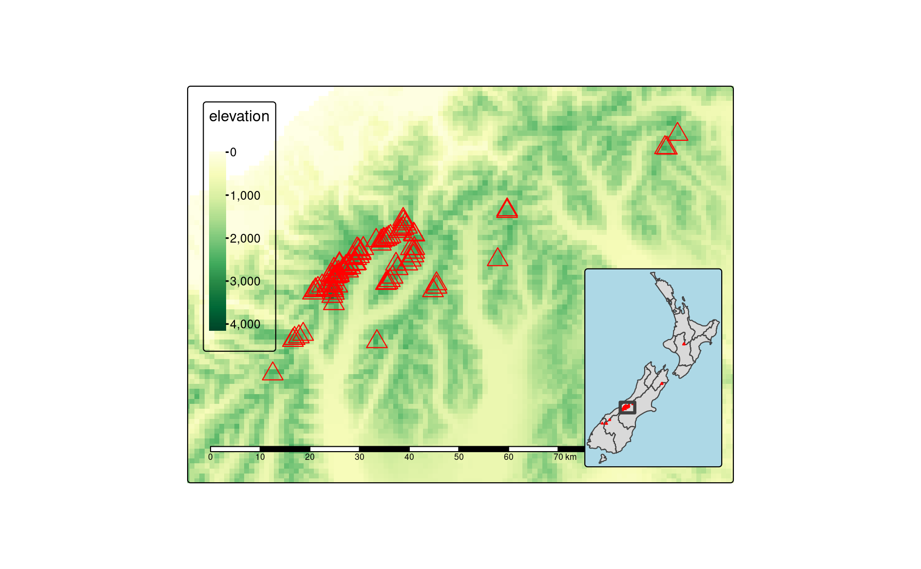 Inset map providing a context -- location of the central part of the Southern Alps in New Zealand.