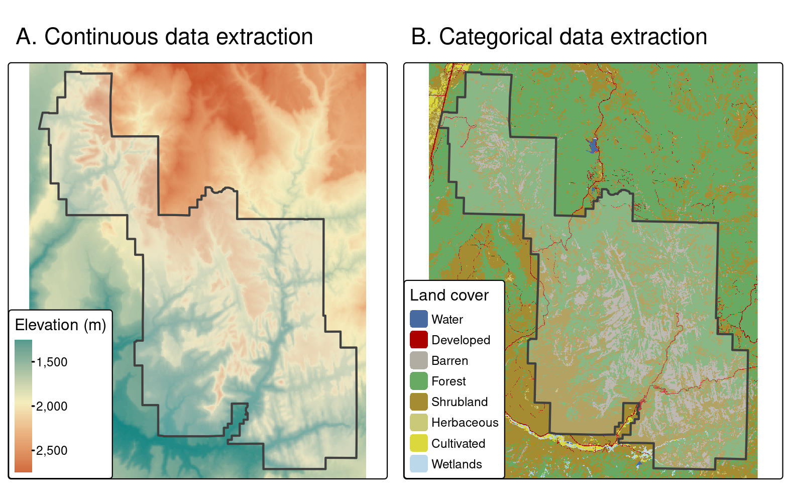 Area used for (A) continuous and (B) categorical raster extraction.