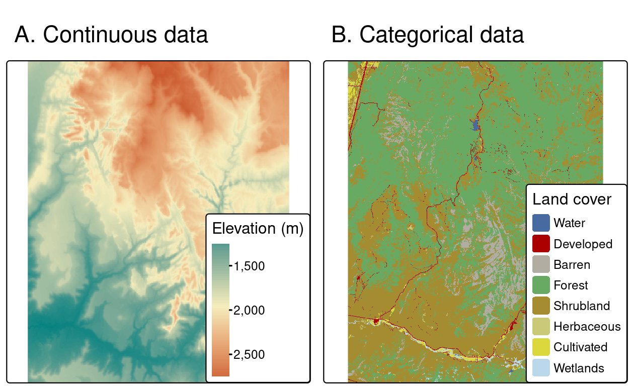 Examples of (A) continuous and (B) categorical rasters.