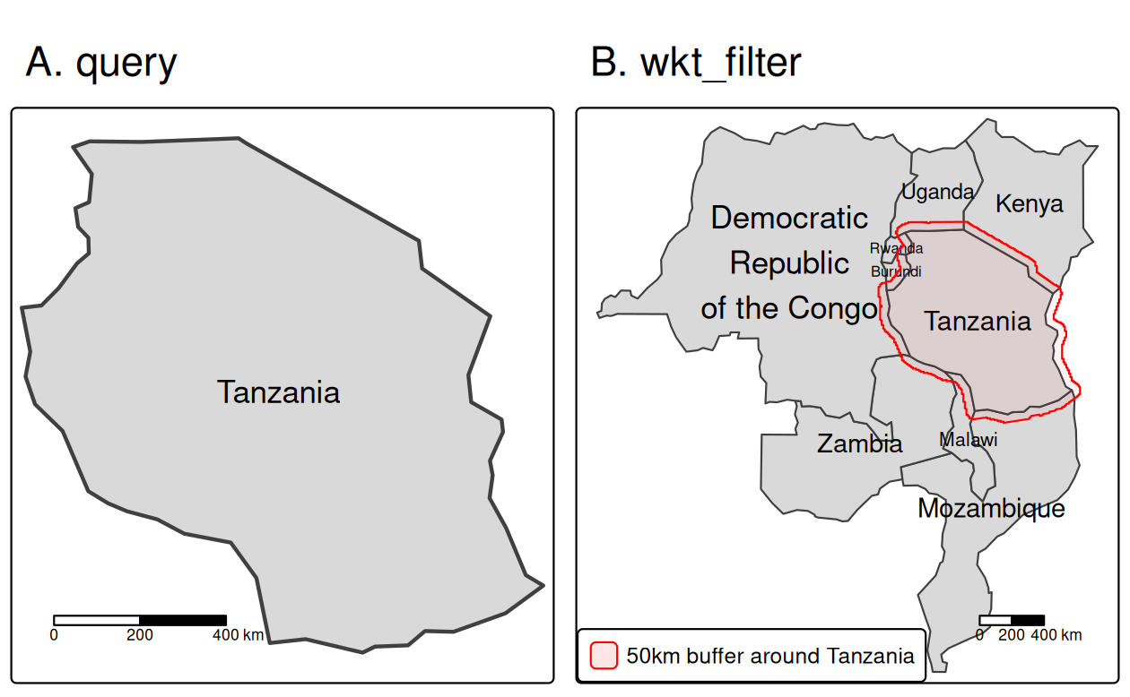 Reading a subset of the vector data using (A) a query and (B) a wkt filter.