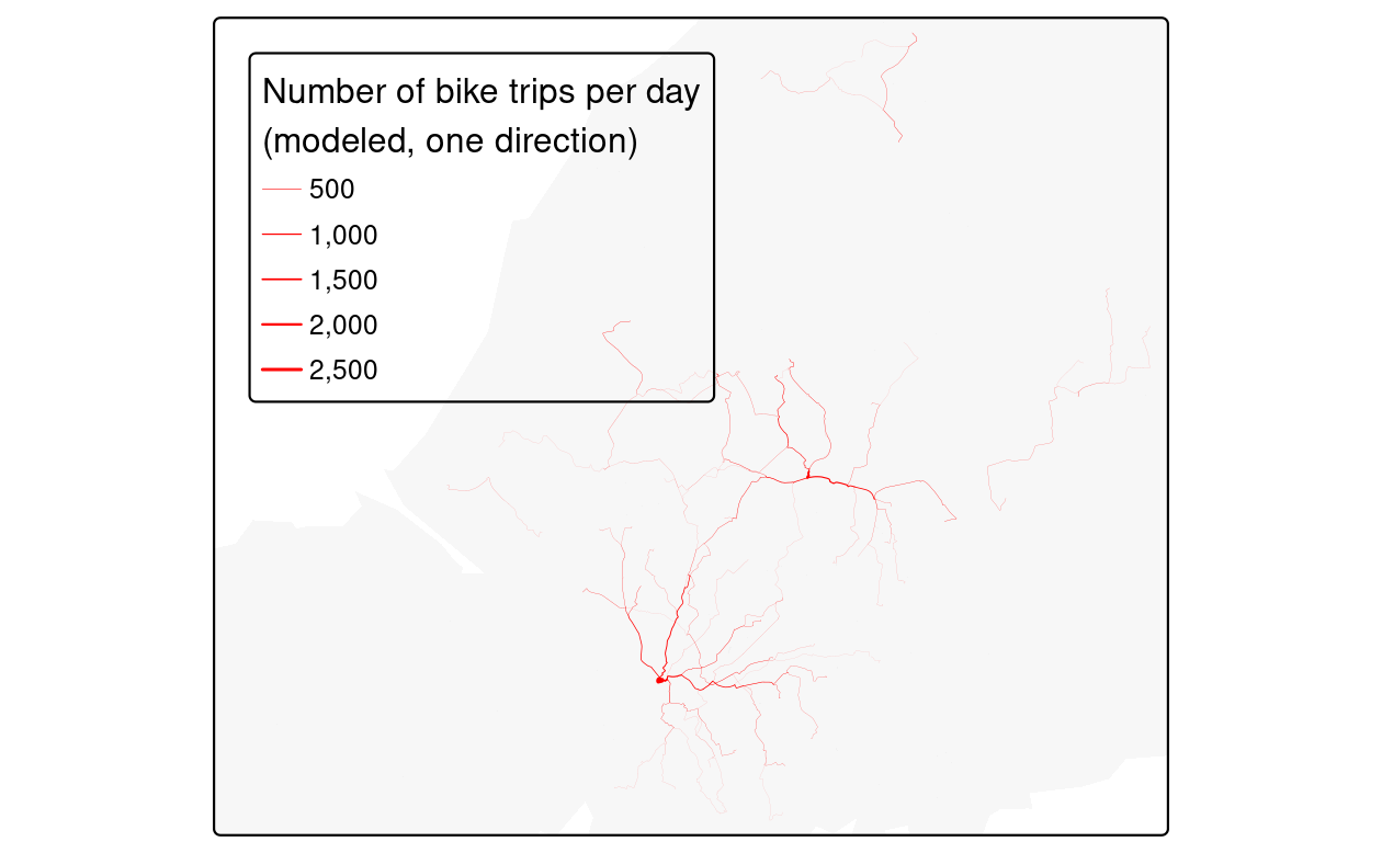 The percentage of car trips switching to cycling as a function of distance (left) and route network level results of this function (right).