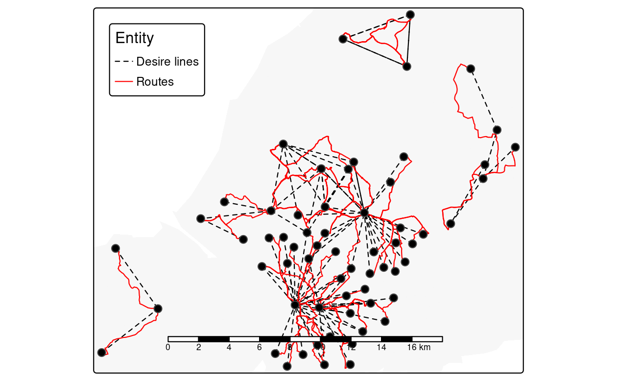 Routes along which many (100+) short (<5km Euclidean distance) car journeys are made (red) overlaying desire lines representing the same trips (black) and zone centroids (dots).