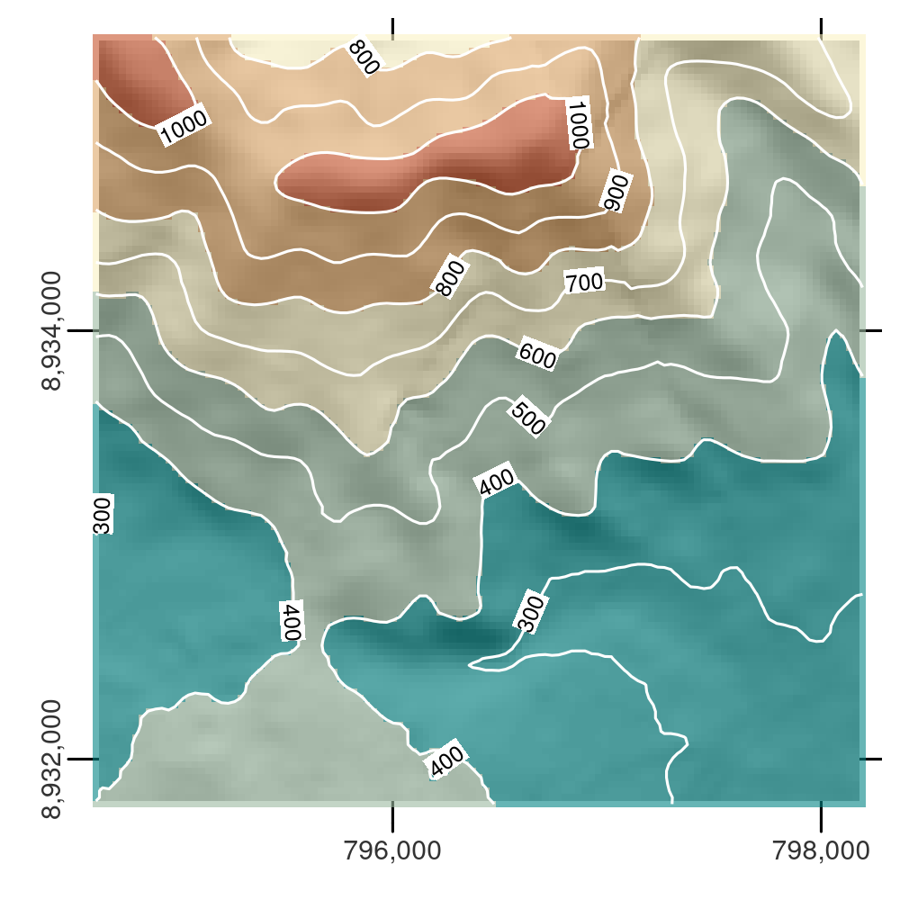 MNE avec ombrage des collines, montrant le flanc sud du Mont Mongon superposé avec des lignes de contour.