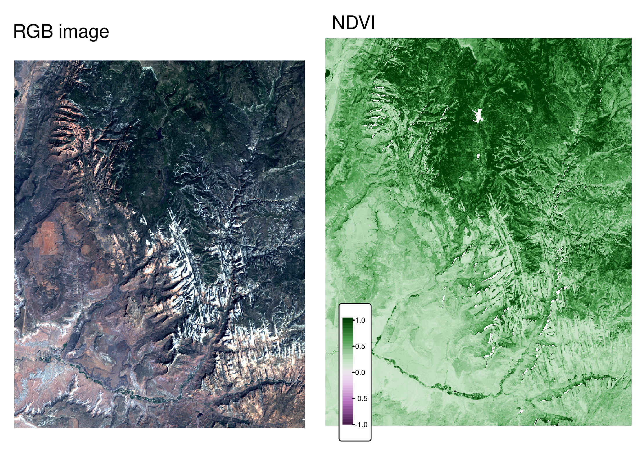 RGB image (left) and NDVI values (right) calculated for the example satellite file of Zion National Park