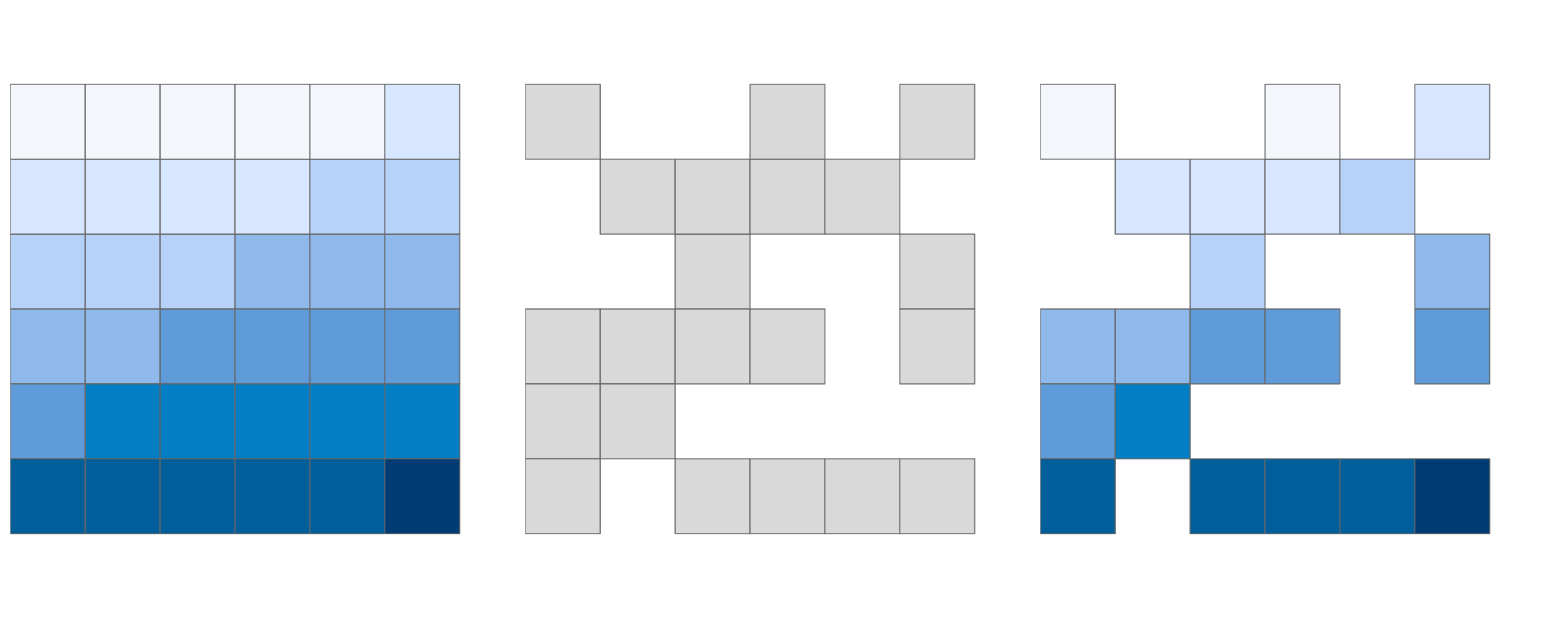 Original raster (left), raster mask (middle), and output of masking a raster (right).