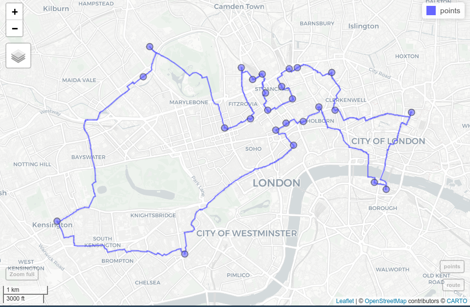 Shortest route (blue line) between 24 cycle hire stations (blue dots) on the OSM street network of London.