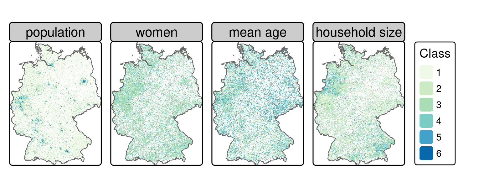 Gridded German census data of 2011 (see Table 14.1 for a description of the classes).