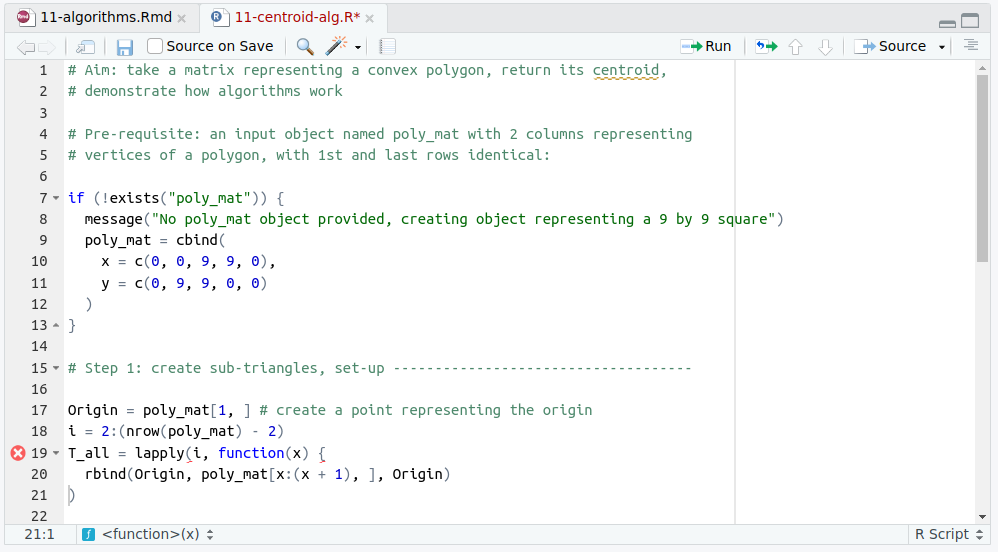 Code checking in RStudio. This example, from the script 11-centroid-alg.R, highlights an unclosed curly bracket on line 19.