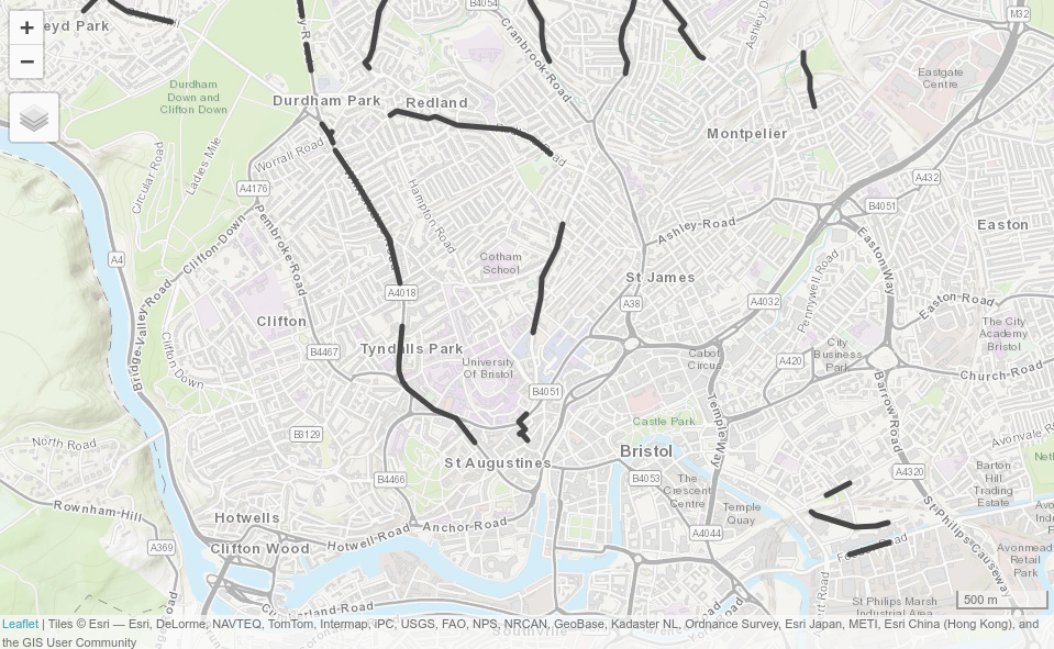 Potential routes along which to prioritize cycle infrastructure in Bristol to reduce car-dependency. The static map provides an overview of the overlay between existing infrastructure and routes with high car-bike switching potential (left). The screenshot the interactive map generated from the `qtm()` function highlights Whiteladies Road as somewhere that would benefit from a new cycleway (right).