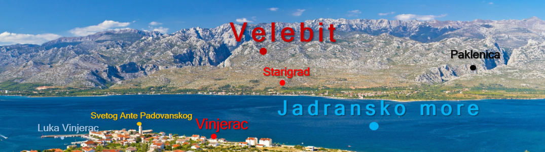 Slika prikazuje fotografiju Starigrada- Paklenice s pripadajućim geografskim imenima.