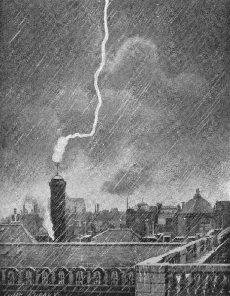 SINGULAR CASE OF THREE FIREBALLS OBSERVED IN PARIS
ON JUNE 10, 1905, BY M. H. RUDAUX.

They were seen to descend in this way upon the
lightning conductor above the Palais Royal electric-power
station. This engraving, after a sketch made at
the time by M. Rudaux, appeared in La Science Illustrée,
for August, 1905.