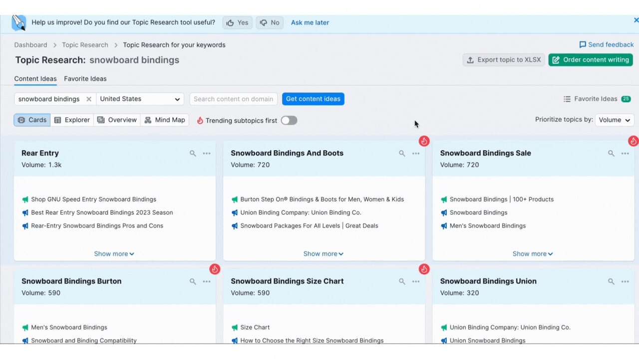 Semrush's Topic Research to Help Generate Related Subtopics and Ideas Related to Your Content