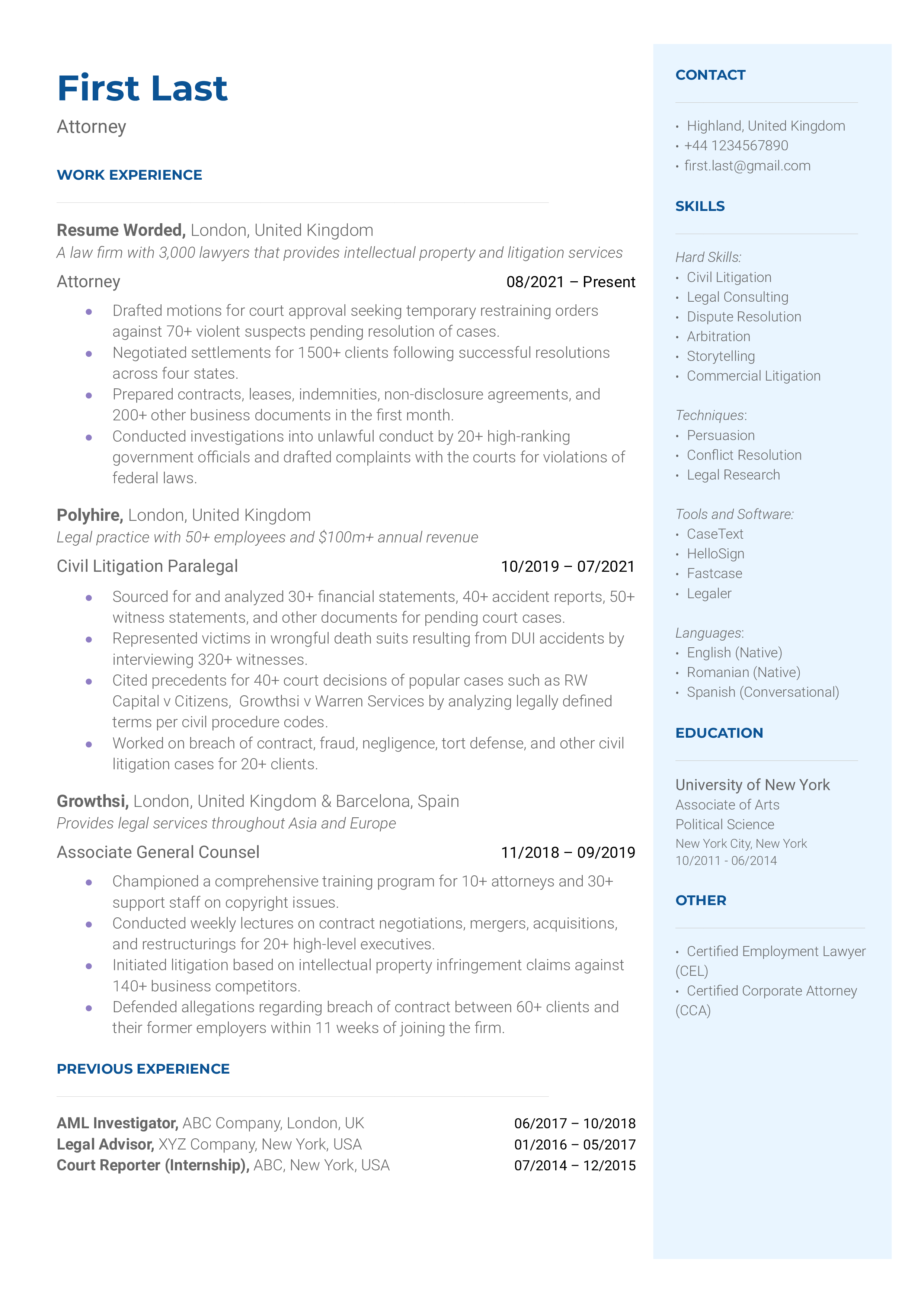 Attorney resume featuring relevant experience and attention to detail.