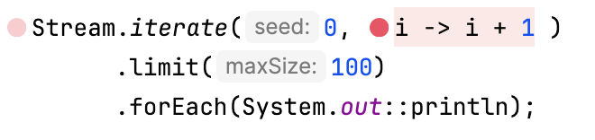 Circles within the line let you set breakpoints on lambdas and if-returns