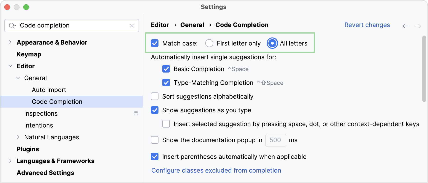 Code Completion settings