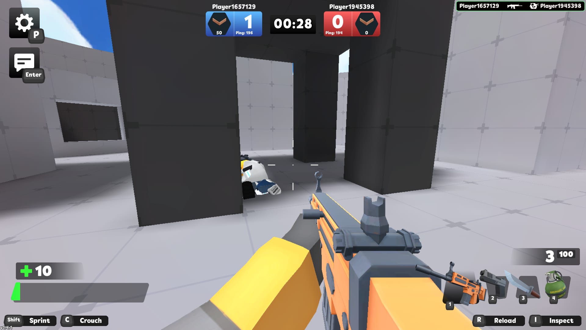 RIVALS FPS — catching an opponent crouched behind cover, 1:0 with 28 seconds left