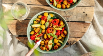 Delicous gnocchi in a nicely decorated picnic set-up, view from above